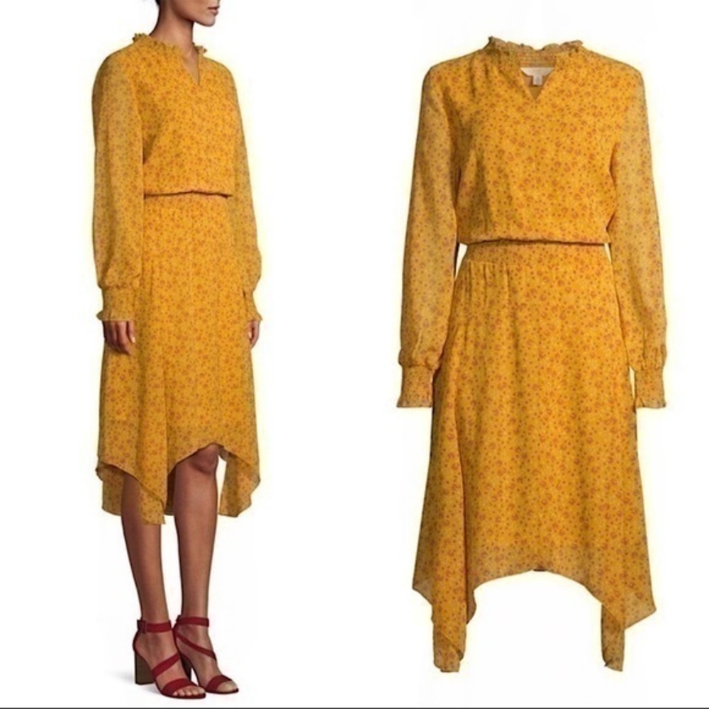Mustard Yellow Floral Long Sleeve Handkerchief Midi Dress